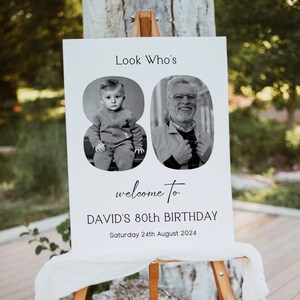 May include: A white welcome sign with black text and two black and white photos. The text reads "Look Who's welcome to DAVID'S 80th BIRTHDAY Saturday 24th August 2024".