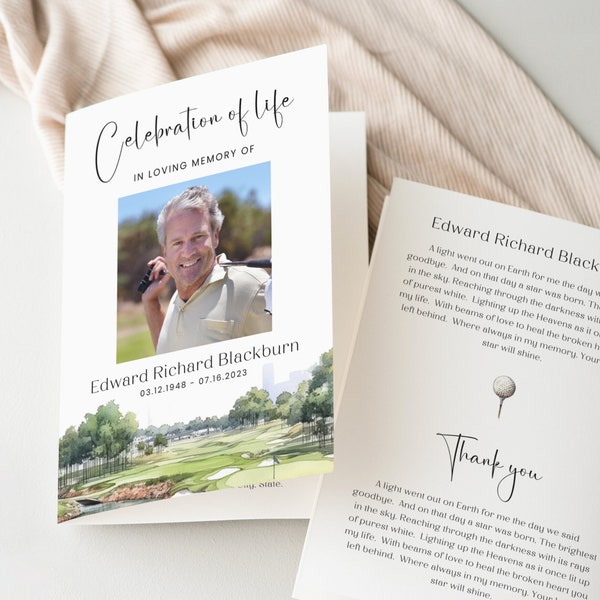 Plantilla de programa funerario de golf, servicio conmemorativo para el hombre, folleto de orden de servicio, plegado en memoria amorosa, folleto de ceremonia, tributo, CF67