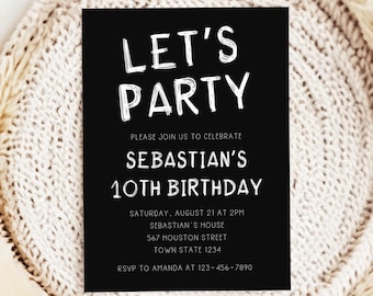 Minimal Birthday Party Invitation Template, Black And White Invite, Simple Party Invitation For Kids, All Age Invite, Instant Download, CB26