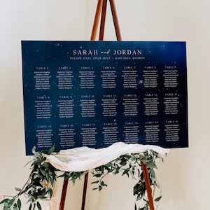 Gráfico de asientos celestial azul para bodas, Astrología Encuentre su tablero de asientos, Cartel de disposición de mesa, Noche estrellada, Asignación de invitados, CW19