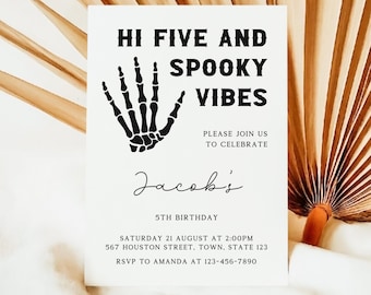 Hi Five And Spooky Vibes Birthday Invitation, Halloween Birthday Party, 5th Birthday Invite, Skeleton High Five, Instant Download, CB14