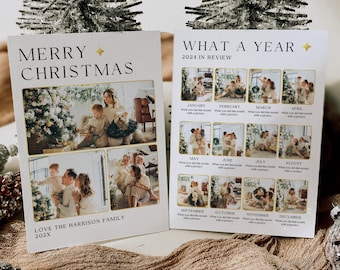 Editable Year In Review Christmas Card, What A Year Holiday Card, Festive Photo Collage, Double Sided Card, Personalize On Canva, Gold Star