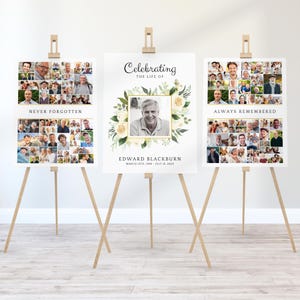 Floral Funeral Poster Collage Set Of 3, Celebration Of Life Photo Display, Editable Welcome Sign Collage, Obituary Announcement, Easel, CF09