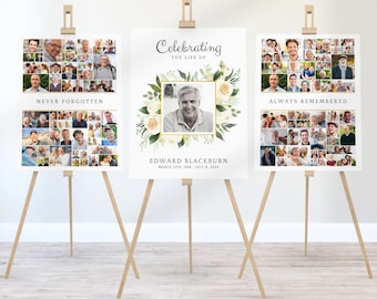 Floral Funeral Poster Collage Set Of 3, Celebration Of Life Photo Display, Editable Welcome Sign Collage, Obituary Announcement, Easel, CF09