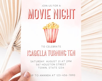Movie Birthday Invitation Template, Cinema Birthday Invitation, Movie Ticket, Popcorn Party Invite, Movie Theatre, Instant Download, CB22