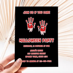 Invitación de Halloween aterradora, plantilla de invitación de Halloween con manos ensangrentadas, invitación editable para fiesta de Halloween, Halloween embrujado, fiesta de disfraces, HW4