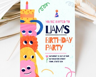 Monster Birthday Invitation, Editable Kids Party Invite, Cartoon Monster Invite, Colorful Birthday, Boy Girl Party, Instant Download, CB37