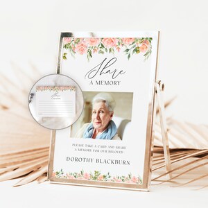 Funeral Share A Memory Sign And Card, Memorial Table Sign, Floral, Greenery, Personalized Favorite Memory, Keepsake Card, Rememberance, #F36