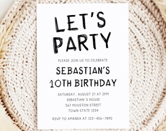 Minimal Birthday Party Invitation Template, Black And White Invite, Simple Party Invitation For Kids, All Age Invite, Instant Download, CB26