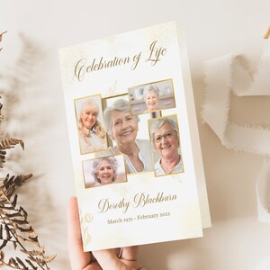 Può includere: Un biglietto commemorativo bianco e dorato con un collage di quattro foto di una donna. Il biglietto recita "Celebrazione della vita" e "Dorothy Blackburn, marzo 1972 - febbraio 2022".