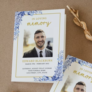 Blue Funeral Program Template For Man, Obituary Template, Order Of Service, Memorial Service Program, Editable, Folded Booklet, Printable