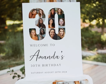 Könnte beinhalten: Ein weißes Willkommens-Schild mit einer Fotocollage von Gesichtern, die die Zahl 30 bilden. Der Text lautet "Welcome to Amanda's 30th Birthday, Saturday August 20th 2024".