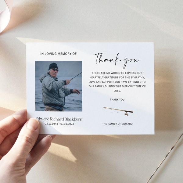 Fishing Funeral Thank You Card Template, In Loving Memory, Obituary Template For Man, Printable Sympathy Cards, Memorial Service, CF32