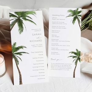 Plantilla de programa de bodas tropicales, tarjetas de cronograma de ceremonia de palmeras, orden de servicio, cronograma de bodas de destino en la playa, itinerario, CW22
