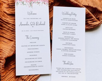 Könnte beinhalten: Ein Programm für eine Hochzeitszeremonie mit einem floralen Design und den Namen Amanda und Richard. Das Programm listet die Reihenfolge der Ereignisse für die Zeremonie und die Hochzeitsgesellschaft auf.