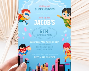 Superhero Birthday Invitation, Editable Kids Party Invite, Cartoon Hero Theme, Boys or Girls Birthday, Instant Download, 5x7 & A5, CB38