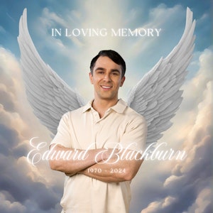 Foto conmemorativa personalizable con 10 imágenes y 4 plantillas prediseñadas, PNG "En memoria de un ser querido", Escalera al Cielo, Fondo de alas de ángel
