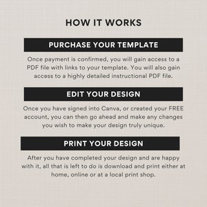 May include: How it works: Purchase a template, edit your design in Canva, and print your design at home, online, or at a local print shop.