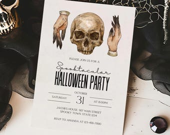 May include: A white invitation card with black text for a Spooktacular Halloween party. The invitation features a skull and two hands with long, black fingernails. The text includes the date, time, and location of the party. RSVP to Amanda at 123-456-7890.