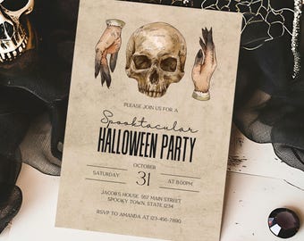 May include: A vintage-style Halloween party invitation with a skull and skeletal hands. The invitation reads "Please join us for a Spooktacular Halloween Party" with the date, time, and location details.