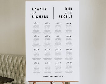 May include: A white wedding seating chart with black text. The chart is titled "Amanda and Richard" and "Our Favorite People". The chart lists tables 1 through 16 with guest names.