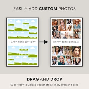 May include: A side-by-side comparison of a photo collage before and after customization. The left image shows a template with green hills and blue skies. The right image displays a collage of photos. Text reads: "EASILY ADD CUSTOM PHOTOS", "HAPPY 40TH BIRTHDAY", and "DRAG AND DROP".