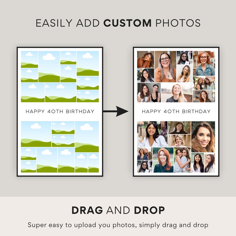 May include: A side-by-side comparison of a photo collage before and after customization. The left image shows a template with green hills and blue skies. The right image displays a collage of photos. Text reads: "EASILY ADD CUSTOM PHOTOS", "HAPPY 40TH BIRTHDAY", and "DRAG AND DROP".