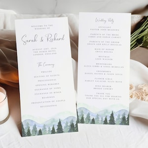 Modèle de programme de mariage en forêt, cérémonie à la campagne, ordre du service, chronologie de la réception, programme en forêt, itinéraire de mariage, AW21