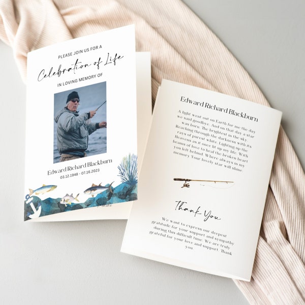 Fishing Funeral Program Template For Man, Memorial Service Brochure, Deep Blue, Order Of Service, Folded In Loving Memory, Ceremony Booklet