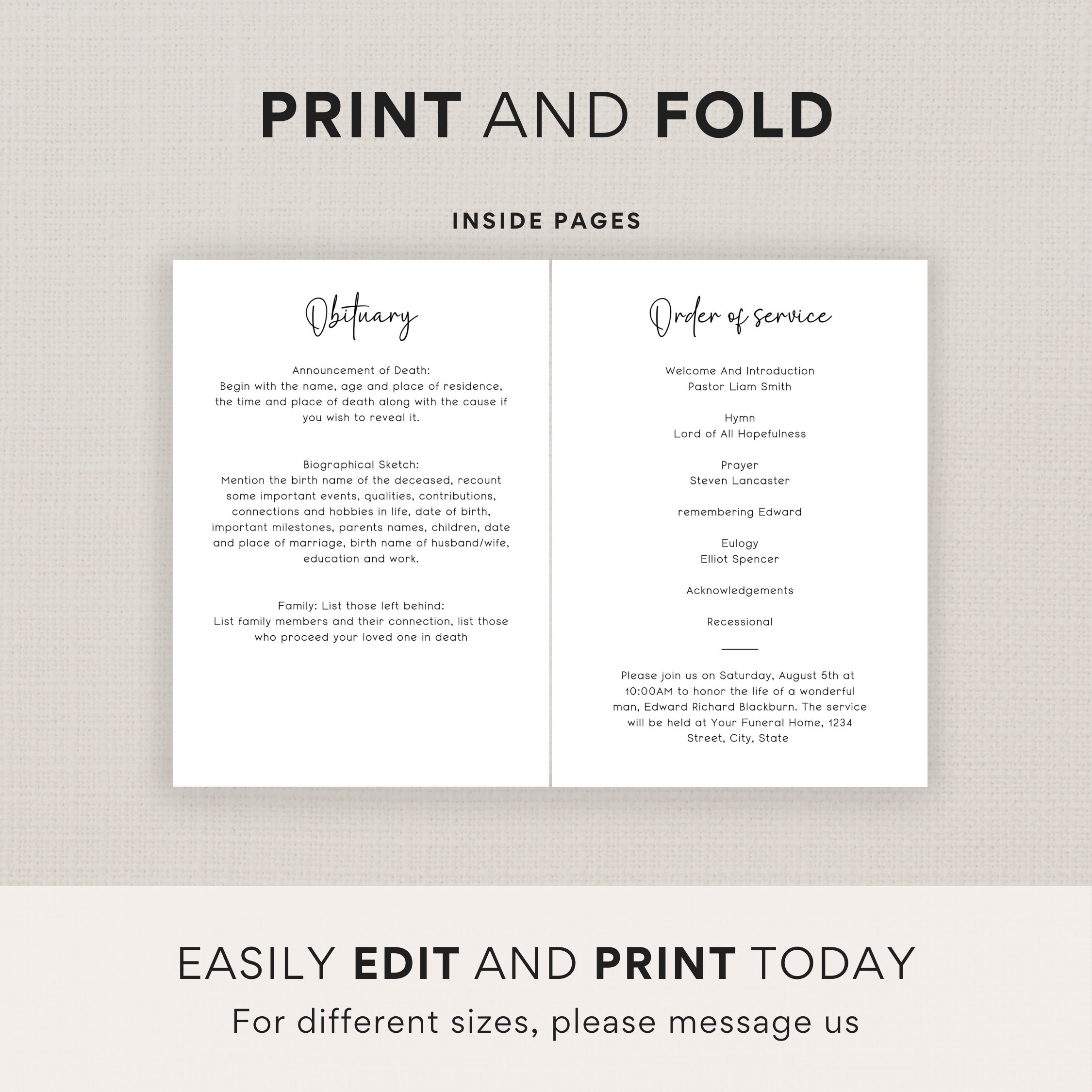 Minimal Funeral Program Template for Man, Celebration of Life Booklet ...