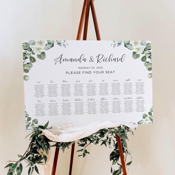 Eucalyptus Seating Chart Template, Wedding Table Arrangement, Greenery Signage, Bridal Board, Find Your Seat Chart, Editable Template, CW10