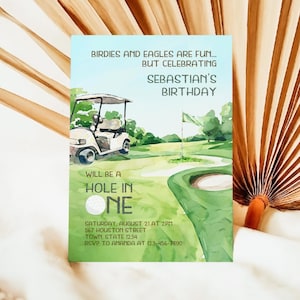 Szablon zaproszenia na urodziny golfowe na imprezę dla chłopców, zaproszenie na minigolfa, impreza o tematyce sportowej, zaproszenie na dołek w jednym, natychmiastowe pobranie, CB36