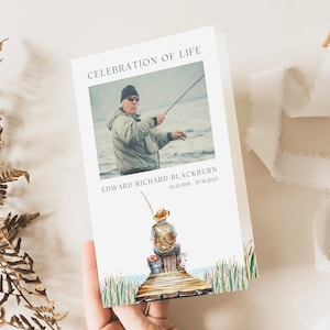 Plantilla del programa funerario de Gone Fishing para hombre, servicio conmemorativo de pescadores, tributo a pescadores, en memoria amorosa, tarjetas de obituario al aire libre, CF77