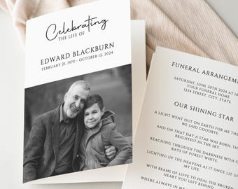 Minimal Funeral Program Template For Man, Order Of Service, Celebration Of Life Program, Minimalist Memorial Program, Canva Template, CF81