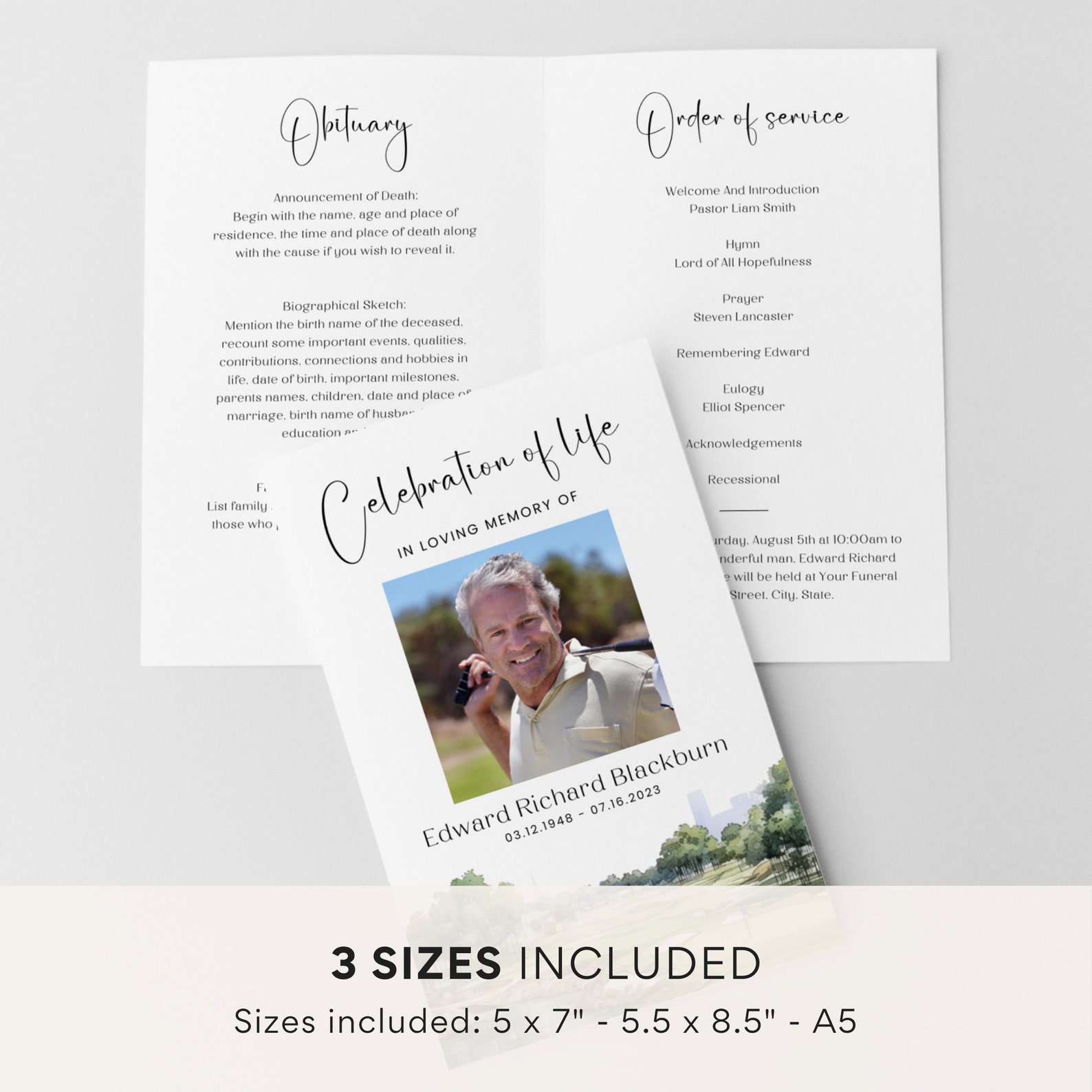Golf Funeral Program Template, Memorial Service for Man, Order of Service Booklet, Folded in ...