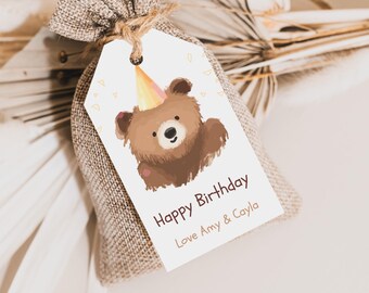 Cute Teddy Bear Birthday Gift Tag Template, Printable Happy Birthday Favor Tag, DIY Party Gift Tags, Instant Download Happy Birthday Labels