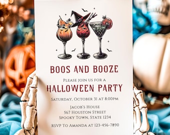 Boos en drank Halloween-uitnodigingssjabloon, cocktailparty uitnodigen, spookachtige drankjes, Halloween-uitnodiging, Halloween-verjaardagsuitnodiging, HW3