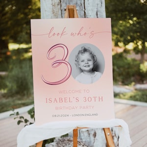 Cartel de bienvenida de 30 cumpleaños para mujer, tablero de fotos femenino, plantilla de póster de oro rosa, mira quién tiene treinta, decoración de fiesta editable, señalización rosa