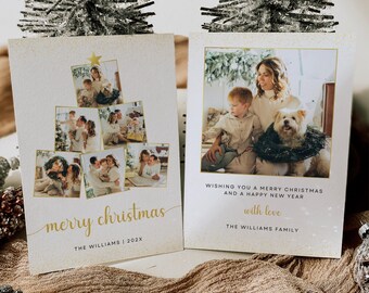 Christmas Tree Collage Template, Editable Festive Card, Two Sided Holiday Photo Card, Personalized Collage Card, Instant Download, Canva