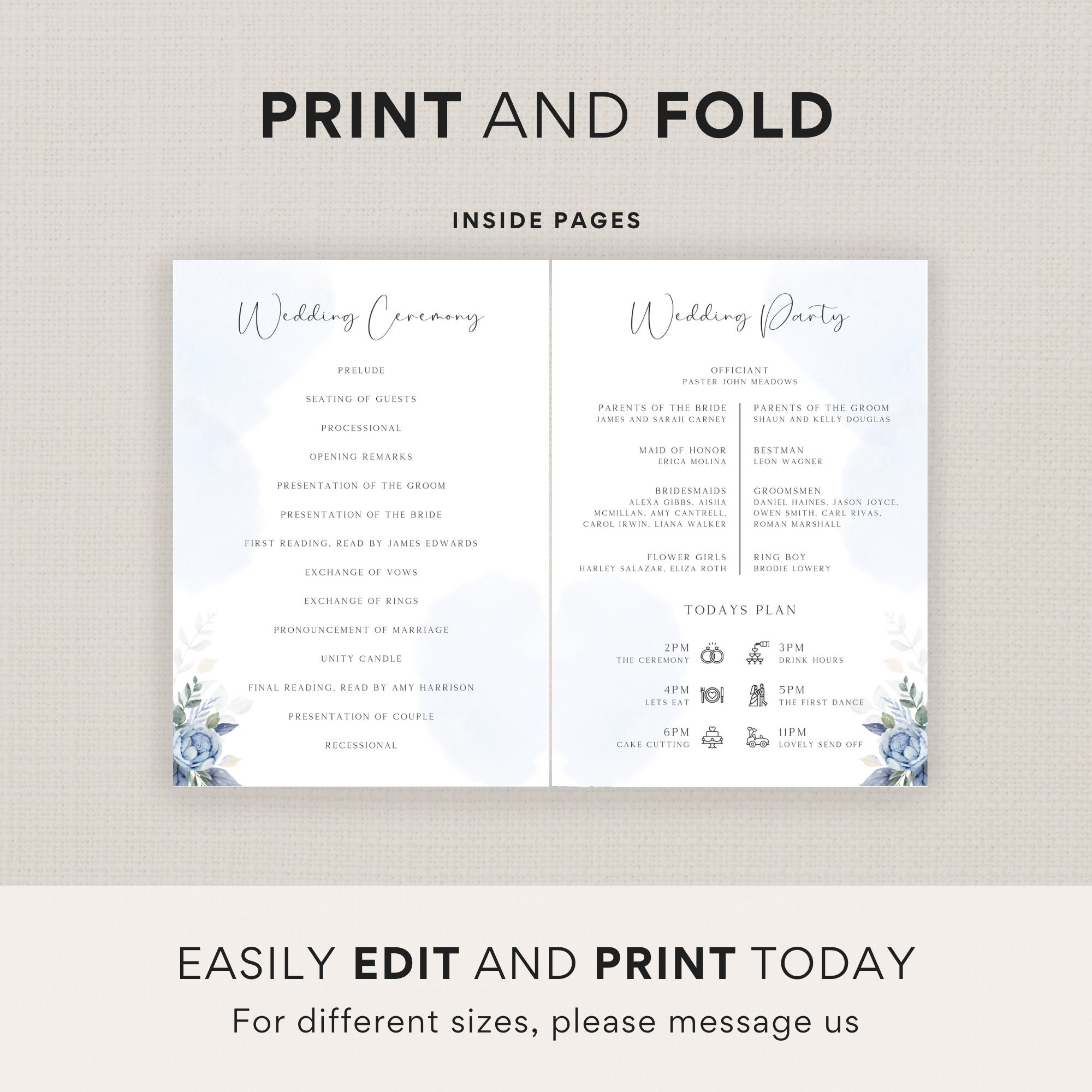 Dusty Blue Wedding Program, Foldable Order of Service Booklet, Fully