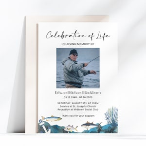 Annuncio funebre di pesca per uomo, Invito commemorativo all'aperto, Profondo blu, Biglietto di celebrazione della vita, In memoria amorosa, Cerimonia, CF32