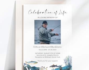 Fishing Funeral Announcement For Man, Outdoors Memorial Invitation, Deep Blue, Celebration Of Life Card, In Loving Memory, Ceremony, CF32
