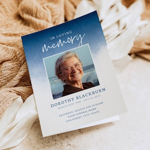 Modèle modifiable de programme d&#39;obsèques, Services funéraires sur la plage, Programme aquarelle, Modèle de nécrologie, Modèle de services commémoratifs, Funérailles de pêche