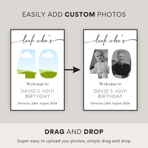 May include: A customizable birthday invitation template with the text "look who's 40" and a green and blue illustration of the number 40. The template also includes the text "Welcome to DAVID'S 40th BIRTHDAY" and "Saturday 24th August 2024".