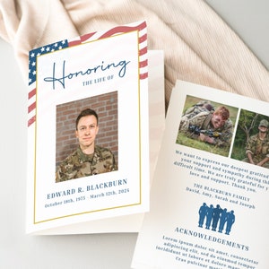 Plantilla del programa funerario de la bandera estadounidense, folleto del servicio conmemorativo militar, obituario de veterano, tarjeta de oración, ceremonia de la iglesia, honrar la vida