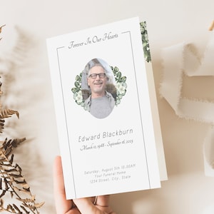 Greenery Funeral Program For Man, Floral Obituary Template, Wake Eulogy Brochure, Memorial Booklet, Burial Announcement, Folded Leaflet #F60