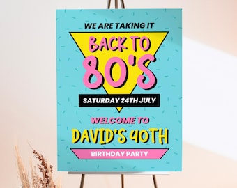 Terug naar de jaren 80 feestbord, 80s verjaardag welkomstposter, jaren 80 thema, throwback party, retro verjaardag banner, bewerkbare bewegwijzering, tekensjabloon