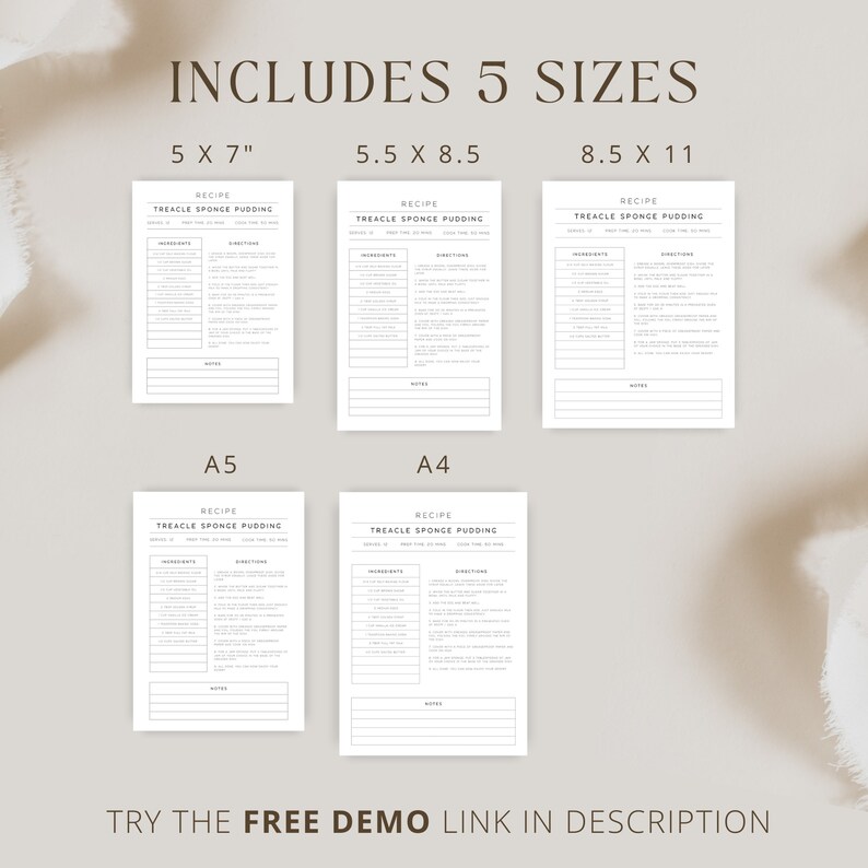 Recipe Book Template, Editable Recipe Cards, Modern Recipe Binder, for ...