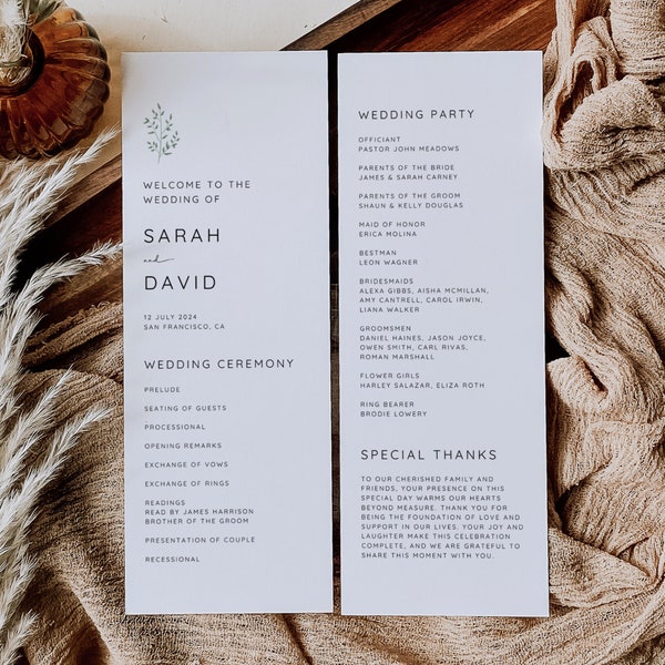Minimalist Wedding Program 4x9 Greenery Reception Stationary Printable Template Editable Order Of Service Ceremony Itinerary Schedule, CW13