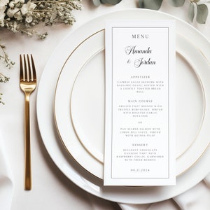 Minimale bruiloft menusjabloon, elegante menukaarten voor bruiloftsreceptie, gastenvoedsellijst, ceremonie dinertafel keuken, 4x9, 5x7, CW14